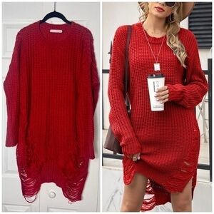JuJu‑Be Red Distressed Ripped Knit Hi-Low Sweater Pullover 3/4 Sleeve Size L